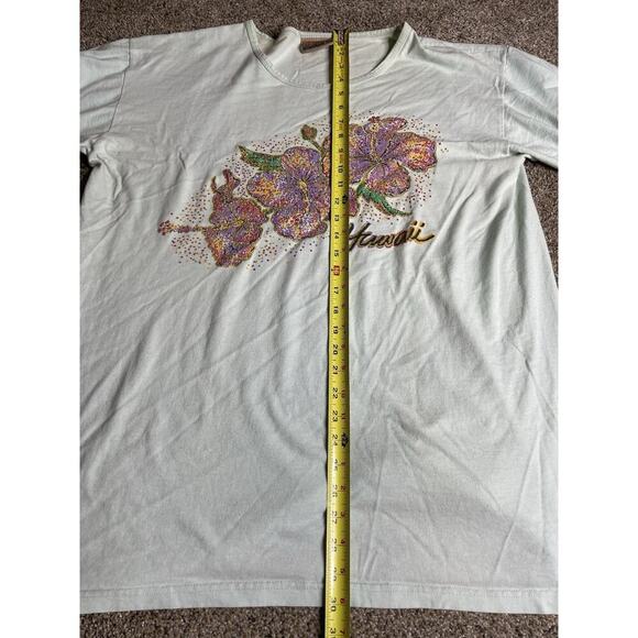 Vintage 90's Hawaii Floral Flowers One Size T Shirt Light Green Vtg Happy Shirts - Picture 7 of 8